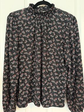 LOFT Black Floral Ruffle Neck Top with Pink and Mint Accents
